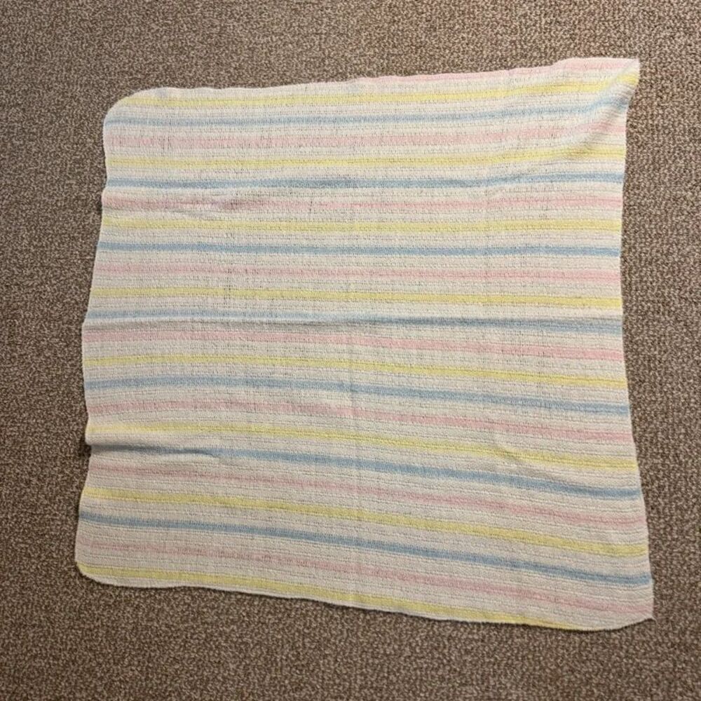 Vintage Handmade Baby Knit Blanket Pastel Stripe Pink Yellow Blue